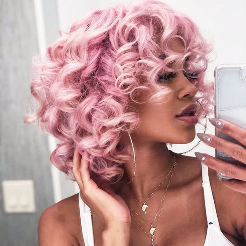 AIDUSA Short Loose Curly Wigs Afro Wig for Black Women Fluffy Curly Big Curls Pink Wig With Bangs Synthetic Wigs for White Women Wavy Natural Looking (Pink) - Image 1